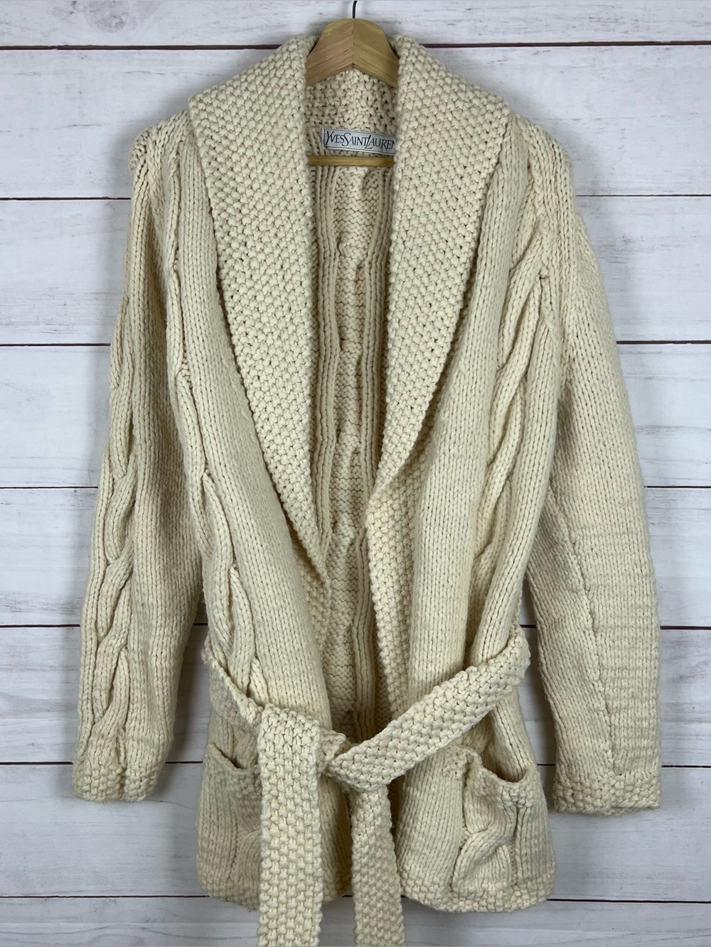 Vintage Yves Saint Laurent Knit Cardigan Belted Sweater Large/XL Cream